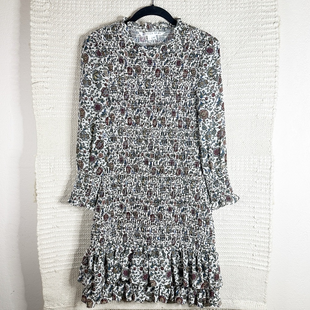 VERONICA BEARD Farha shirred ruffled floral-print voile mini dress 0